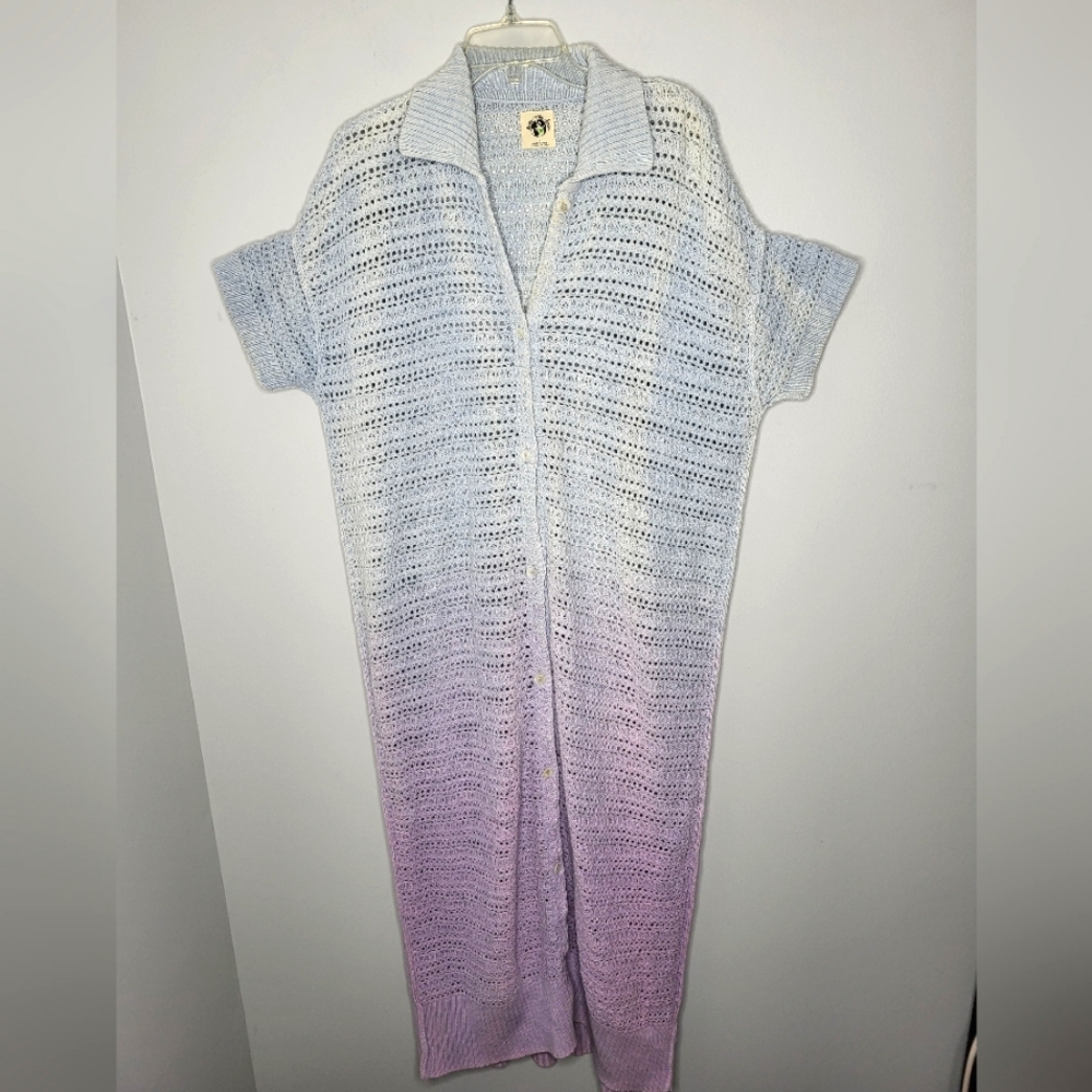 Free People Sz L Alicia Crochet Long Duster Cardigan Blue Purple Ombre B…